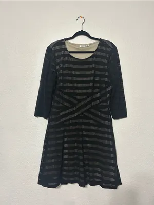 Cato Black Striped Fit & Flare Long Sleeve Dress thumbnail 2