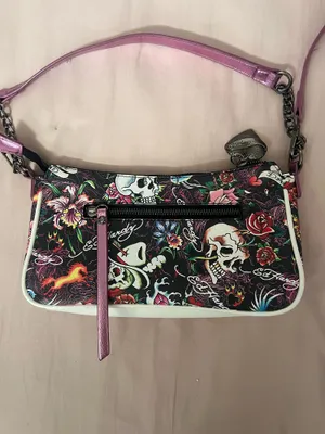 Ed Hardy Black Shoulder Bag with Pink Accents and Skull Rose Motif thumbnail 5
