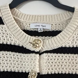 Love Tree Cream & Black Striped Short Sleeve Cardigan with Decorative Buttons thumbnail 3