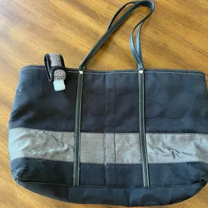 Coach Black Gunmetal Signature Stripe Tote 11098 Handbag Purse thumbnail 1