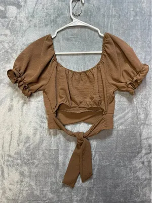 Altar'd State Womens Crop Top Brown Puff Sleeve Back Tie Small thumbnail 2