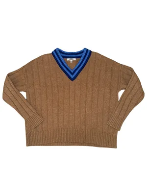 Madewell Tipped V-Neck Oversized Wool Blend Sweater XS Heather Caramel Blue thumbnail 4