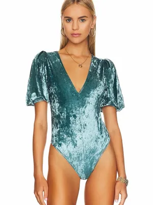 Free People Don’t You Wish Teal Crushed Velvet Puff Sleeve Bodysuit Large thumbnail 3