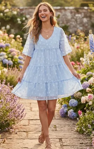 Amazon Light Blue Tiered V-Neck Mini Dress thumbnail 1