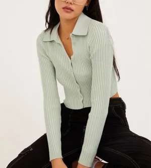 Urban Outfitters Skylar S Mint Green Ribbed‎ Collared Button Up Cropped Sweater thumbnail 1