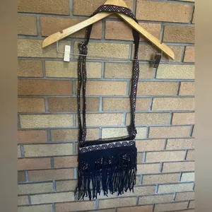 Raj Vegan Leather Navy Fringe Purse Crossbody Boho Western Woven Embroidered Bag thumbnail 8