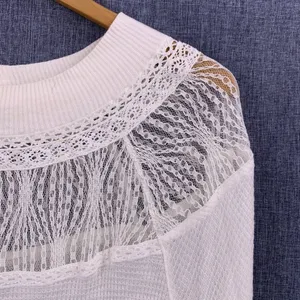 Free People Spring Valley Ivory Waffle Knit Lace Neck Long Sleeve Top Size Small thumbnail 4
