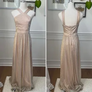 Lulus Metallic Gold Halter Grecian Neck Flowing Chiffon Formal Gown Dress S thumbnail 2