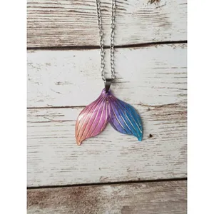 Mermaid Tail Pendant Necklace Pink, Purple, & Blue, Gold Tone - New thumbnail 3