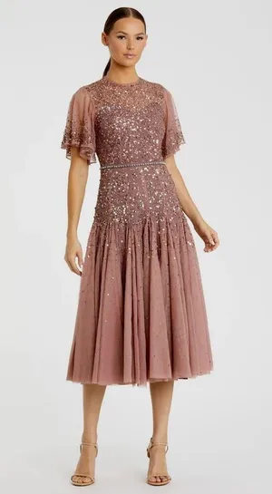 Mac Duggal Pink Cape Sleeve Beaded Tea Length Drop Waist Dress size 6 C9 thumbnail 6