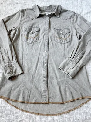Wrangler "Retro" Long Sleeve Grey Denim Western Snap Shirt 🦅 Size Large thumbnail 1