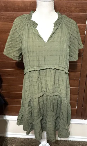 Entro Ruffle‎ Tiered Dress Sz M Cottagecore olive green gauzy FLAW thumbnail 1