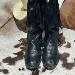 Vintage Black Real Leather Fringe Cowboy Boots Festival Rave Burning‎ Man A21 thumbnail 4