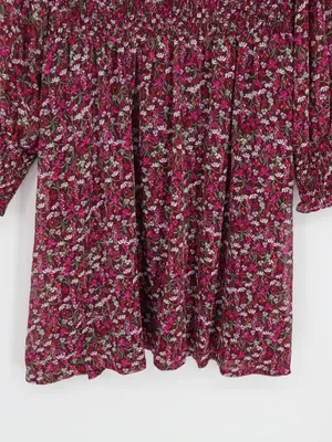 Draper James RSVP Smocked Floral Dress L Burgundy Metallic Long Sleeve Cottageco thumbnail 7