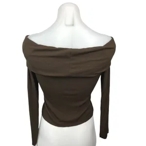 Princess Polly Parveen Brown Ribbed Off Shoulder Long Sleeve Crop Top Blouse 4 thumbnail 6