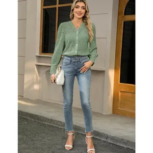 NEW Light Green Lace Tops Blouse Puff Long Sleeve V Neck Button Down M thumbnail 10