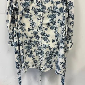 H&M Floral Cotton Shirt Tunic Dress XL Button Down Long Sleeve Belted Blue White thumbnail 5