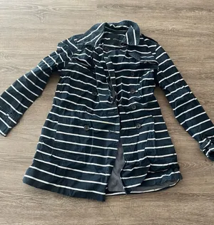 Banana Republic Double Breasted Cotton Trench Coat Womens MP Navy White Striped thumbnail 1