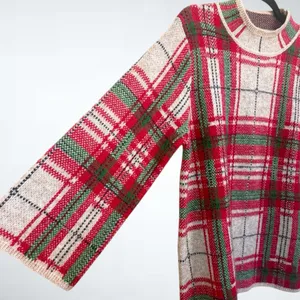 Entro Holiday Plaid Knit Sweater in Taupe Size S thumbnail 3