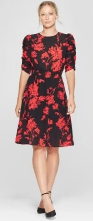 Who What‎ Wear Black Red Floral Puff Sleeve Midi Dress Size L cocktail wedding thumbnail 1