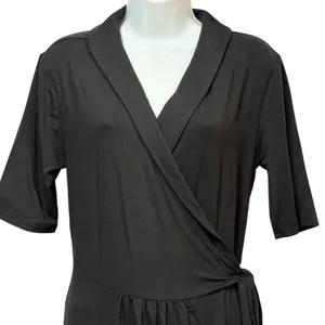 Quince Tencel Jersey Midi Wrap Dress Black Shawl Collar Short Sleeve L DKBIZ01 thumbnail 5