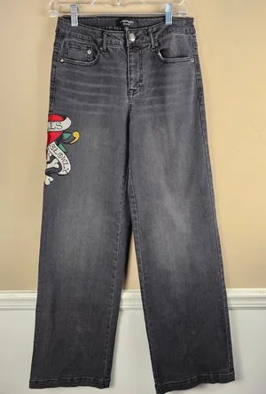 Ed Hardy Womens Black Embroidered Love Kills‎ Slowly Wide Leg Flare Jeans 26 thumbnail 1
