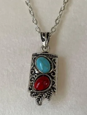 Turquoise & Coral Stone Silver Pendant Necklace. thumbnail 4