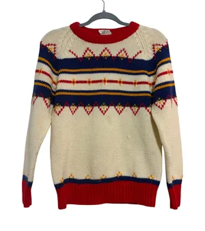 Vintage Sweater Fair Isle Retro Cream Red Blue Geometric Knit Small thumbnail 1