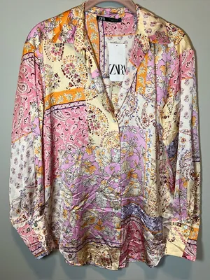 Zara Flowy Satin Button Down‎ Shirt Floral Paisley New Pink Small thumbnail 2