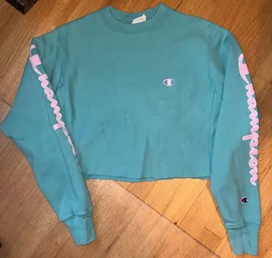 Champion Teal Crewneck Sweatshirt with Light Pink Logo thumbnail 1