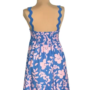 Romantic Boho Blue Pink Floral Maxi Dress M Ruffle Hem Scallop Straps Festival thumbnail 5