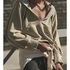 Free People Tikmo Hoodie Tan Acid Wash V-Neck Boxy Pullover Size Medium thumbnail 1