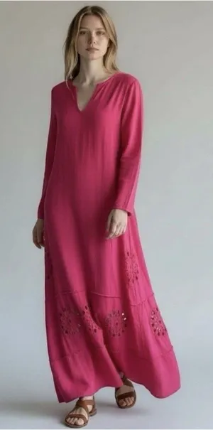 Young Fabulous & Broke Cape Code Pink Linen Maxi Dress M Eyelet Crochet Caftan thumbnail 1