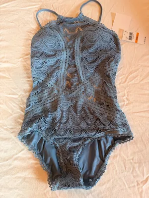 BECCA by Rebecca Virtue 711187 NWT Lace One Piece Swimsuit Steel Blue High Neck Size Small thumbnail 1