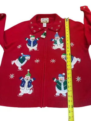 Heirloom Collectibles Embroidered Snowman Zip Up Cardigan Sweater Womens Large thumbnail 6