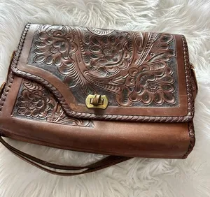 VTG Hand Tooled Leather Purse Hand Bag Brown Floral SouthWestern Beautiful thumbnail 1