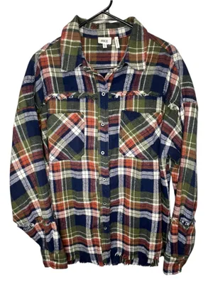 BKE Raw Hem Frayed Hem Plaid Long Sleeve Boyfriend Flannel Shirt Shacket thumbnail 1