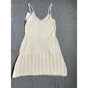 Women's XS Hollow Out Knit Sundress,‎ Elegant Summer Streetwear Mini Dress Beige thumbnail 5