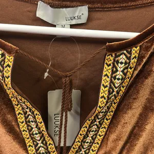 Luukse Brown Boho Velour Embroidered Tie Neck Tassel Mini Midi Dress Medium thumbnail 8