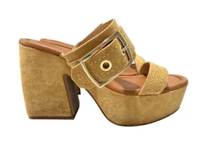 Lottini Italy Biscotto Beige Leather Suede Platform Slide Sandals Gold Buckle 10 thumbnail 1