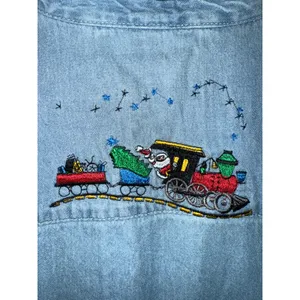 vintage Ultra Club denim shirt Christmas embroidery Trains wreath button up L thumbnail 5