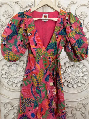 FARM Rio Coral Mixed Graphic Macaws Puff Sleeve Ruffle Hem Midi Wrap Dress XS thumbnail 5