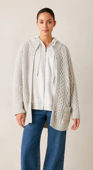 POL Cable Knit Sweater Zip Cardigan Small Oversized Layered Gray Coastal Boho thumbnail 1