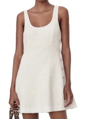 ZARA Womens White Tweed Scoop Neck Button Mini Dress Preppy Structured Chic Sz M thumbnail 1