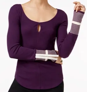 NWT Free People Mod Stripe Cuff Waffle Knit Top Purple Size Medium thumbnail 1