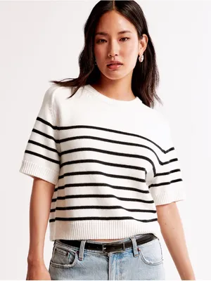 Abercrombie & Fitch Madeline Striped Short Sleeve Sweater XL Cream Black thumbnail 1