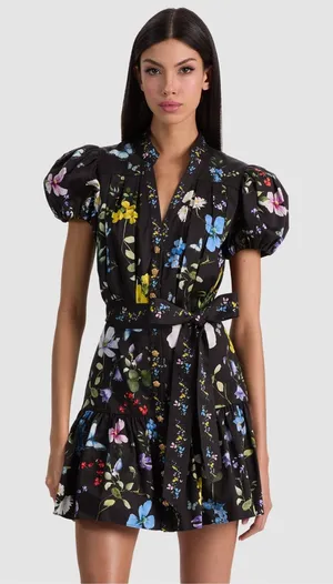 Alice + Olivia Cora Mini Shirt Dress in Twisting Vines Black XS thumbnail 1