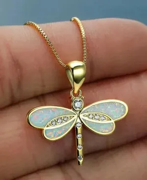 White Opal Dragonfly Gold Pendant Necklace Cyrstal - Beautiful Nature, Elegant thumbnail 1