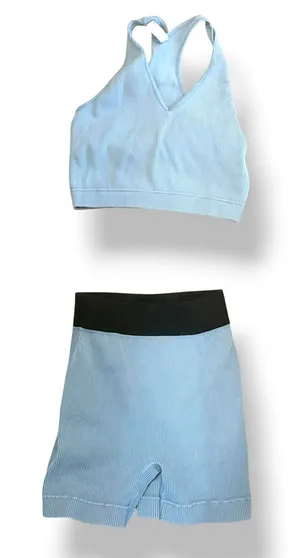 Zenana Light Blue Ribbed Sports Bra Biker Shorts Matching Workout Set L/XL thumbnail 1