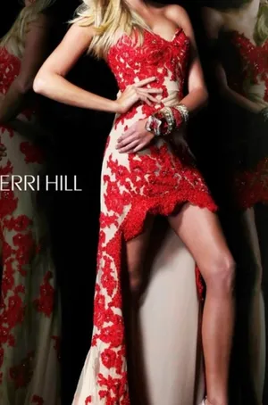 Sherri Hill 21016 Red/Nude Beaded High-Low Gown - Size 8. EUC! Like new! thumbnail 1